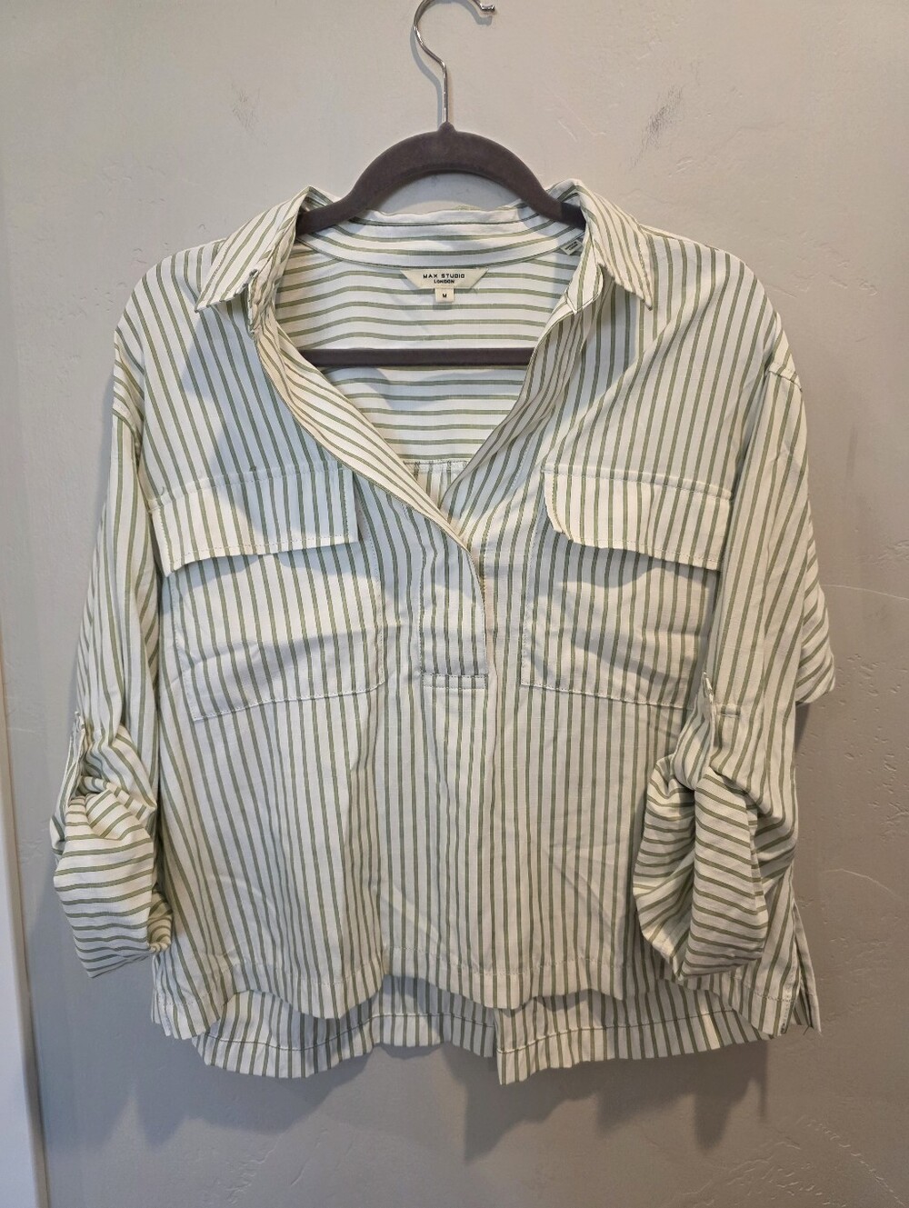 Max Studio Olive Green & White Striped Button-Front Shirt